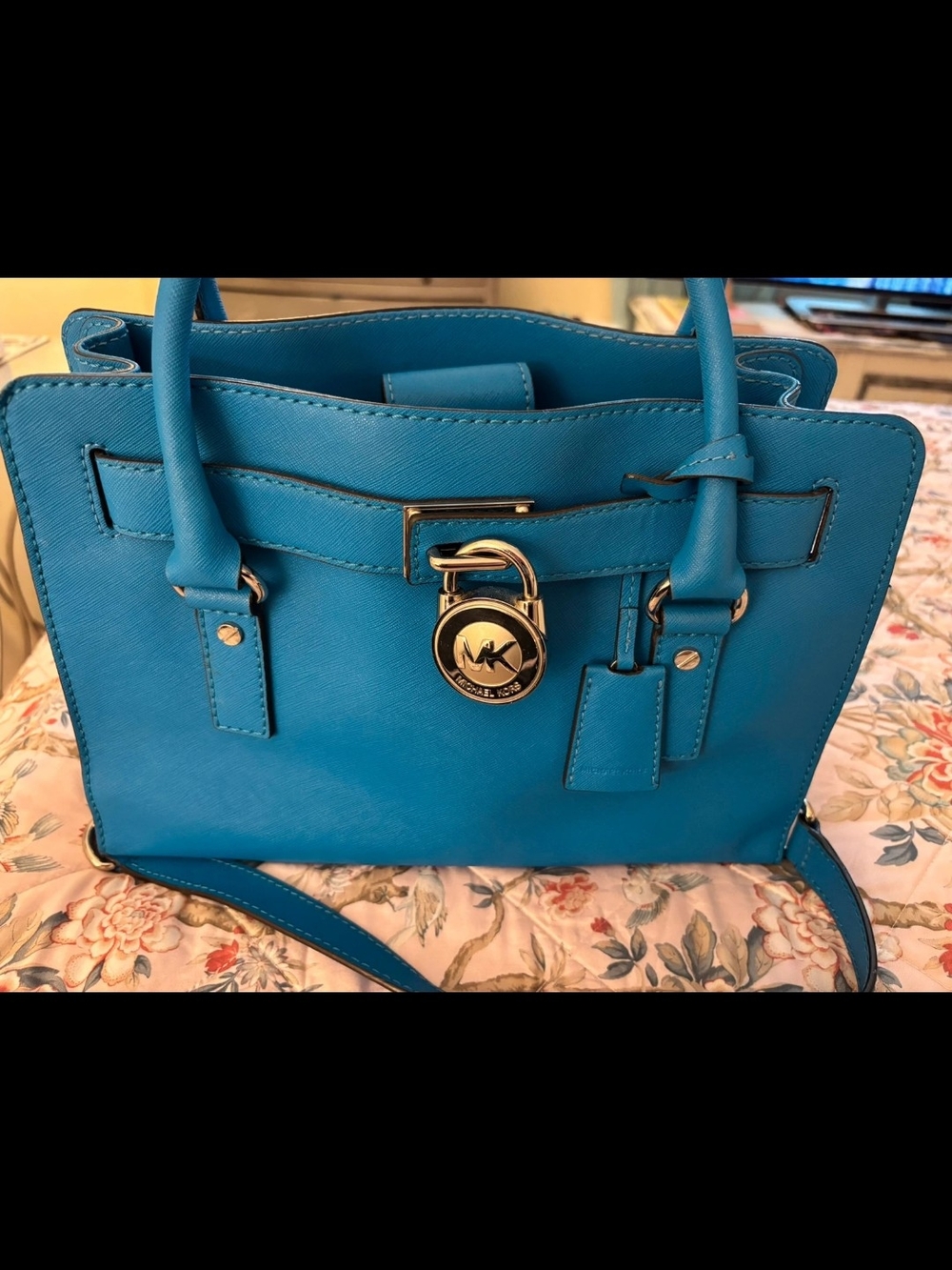 Michael Kors Turquoise Saffiano Satchel with Signature Lock
